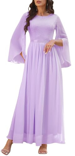 DRESSTELLS Festliches Kleid Damen Hochzeit Langes Spitzenkleid für Damen Abendkleider für Abschlussball Hochzeitsfeier Lange Ärmeln Lavender L