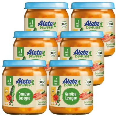 Alete bewusst BIO-Gemüselasagne, ab 1 Jahr, Babynahrung im Gläschen mit Gemüse & Lasagnenudeln, Kindermahlzeit in Bio-Qualität, ohne Zuckerzusatz und Aromastoffe, 6 x 250 g