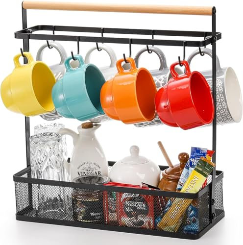 Hiceeden Coffee Cup Holder with Storage Basket, Coffee Mug Tree Rack with Handle, Cup Stand Coffees Station Bar Organizer for Countertop, Holds 8 Cups (Black)