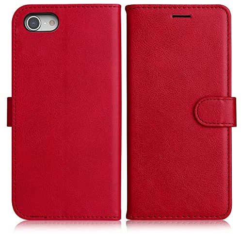 DENDICO Coque pour iPhone SE 2022 / iPhone SE 2020 / iPhone 8 / iPhone 7, PU en Cuir Coque Portefeuille Étui Housse, Design Classique TPU Coque pour iPhone SE 2022 / SE 2020/8 / 7, Rouge