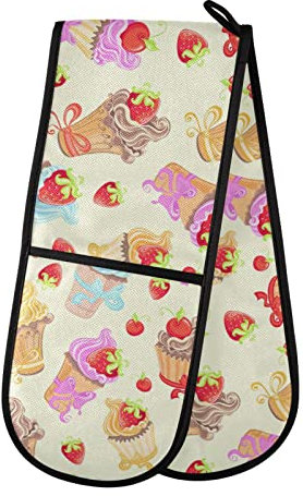 Double Oven Glove Cupcakes Strawberry Cherry Heat Resistant Double Ovens Mitt Modern Cooking Gloves Potholders