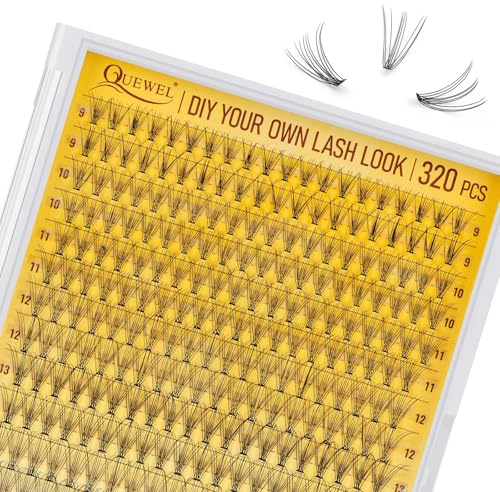 320Pcs Individual Lashes QUEWEL Cluster Lashes 10D D Curl MIX9-16mm Individual Lash Extension Lash Clusters DIY Eyelash Extensions For Home Use (10D 0.10D MIX9-16mm)