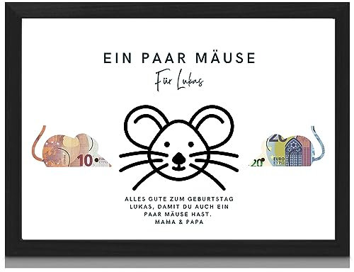 Milaboo® personalisiertes Geldgeschenk zum Geburtstag Mäuse I Hahnemühlen Papier Made in Germany A3 A4 A5 I mit Bilderrahmen schwarz oder weiß