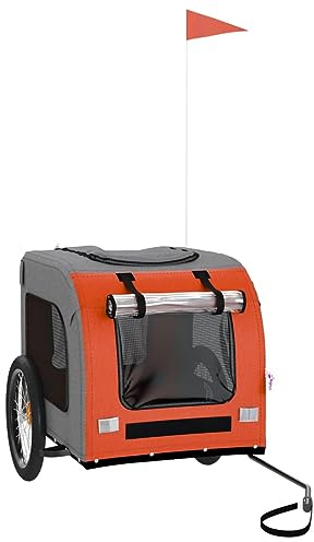 vidaXL Fahrradanhänger für Hunde, Hundeanhänger mit Reflektoren Flagge, Hundetransporter Maximale Belastbarkeit 45kg, Orange Grau Oxford-Gewebe Eisen