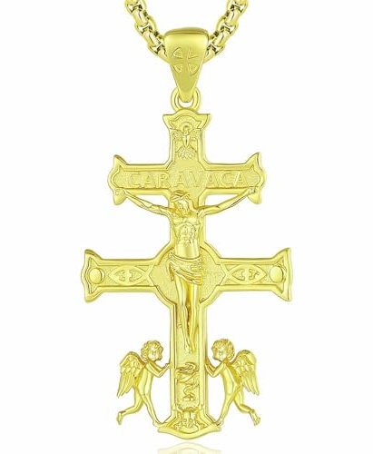 INFUSEU Caravaca Kreuz Kette, Heidnische Medaille Schutzpatron Gold Anhänger Christlicher Glaube Religiöser Spanischer Schutz Göttlicher Schmuck Amulett Geschenke für Männer Frauen
