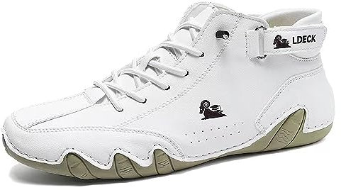 Uomini Slip on Loafers Stivali in Pelle Traspiranti Scarpe Moda Lace up Scarpe Barca Casual Piatto Leggero Sneakers con Suole in Gomma(Bianco,43 EU