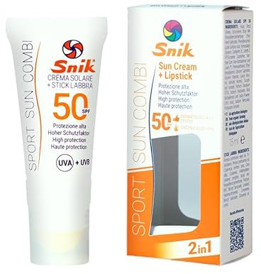 Snik Sport Sun Cream Combi 2in1 | Sonnencreme für Gesicht + Lipstick | Berg, Skifahren, Winter- und Sommersport | schützt vor Sonne, Wind und Kälte | LSF 50 hoher UVA + UVB-Schutz | Tube 15 ml