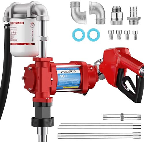 POXURIO Fuel Transfer Pump, 10GPM 12V Transfer Pump with Discharge Hose ＆ Automatic Nozzle, Cast Iron Heavy Duty for Gasoline, Diesel, Kerosene, Biodiesel