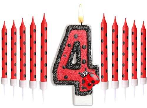 Herdear Marienkäfer Nummer 1-9 Geburtstag Kuchenkerze Ziffern Geburtstagskerzen Geburtstagsdeko Schwarz Rot Marienkäfer Punkt Tortenkerzen Marienkäfer Kerzen für 4. Geburtstag Baby Party (Nummer 4)