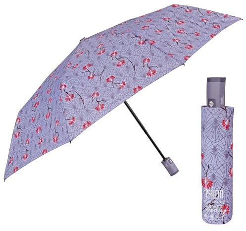 PERLETTI Paraguas Plegable Antiviento Mujer Flores de Loto - Paraguas Compacto Abre y Cierra Automático - Mini Paraguas de Bolso Viaje Mujeres Multicolor Estilo Deco - Diámetro 98 cm (Loto Deco Lila)
