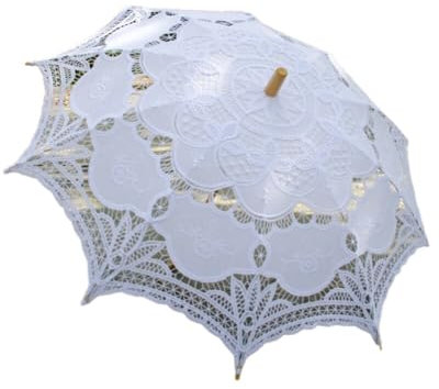 Uposao Sombrilla blanca de boda, paraguas de encaje de algodón con mango de madera, bordado de flores, paraguas de novia para decoración de bodas, fiestas, fotografía, blanco