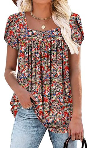 CHICZONE Ladies Summer Square Neck Shirts Women Petal Short Sleeve Tunic Top Pleated Blouse