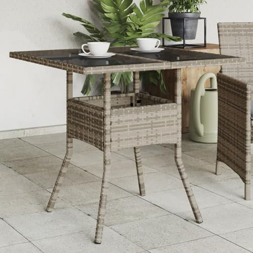 JUDYY Gartentisch mit Glasplatte Grau 80x80x75 cm Poly Rattan, Gartentisch, Terrassentisch, Esstisch Garten, Gartenesstische, Gartenmöbel, Außentisch - 365522