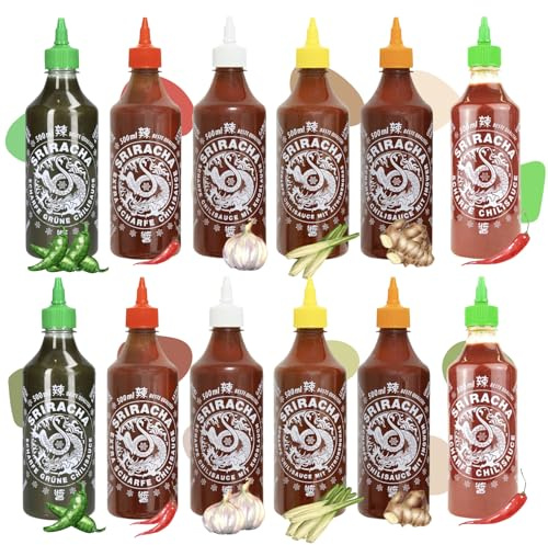 A-ONE Sriracha Salsa Juego de 12 x 500 ml – Salsa de chile con 6 sabores por 2 botellas – Clásica, Super caliente, ajo, limoncillo, jengibre, verde, paquete de ventaja, vegetariano