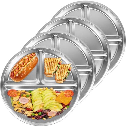 Wensdr Lot de 4 assiettes en acier inoxydable, plateau de contrôle des portions de 22,9 cm avec 3 compartiments, assiettes à dîner incassables, plateau alimentaire divisé en acier inoxydable pour