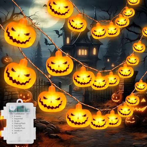 Fohil Halloween Dekorationen 3.2M 20LED Halloween Kürbis Lichterkette, Wasserdichte 8 Modi Halloween Lichterkette für Außen Innen Halloween Dekorationen Kürbisdekoration