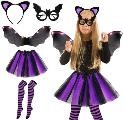 Fledermaus Kostüm Kinder,Lila Fledermausflügel mit leuchtenden Lichterketten mit Luminous Fledermausflügel + Schwarz-Lila Tüllrock +Socken+Haarspangen + Fledermaus maske