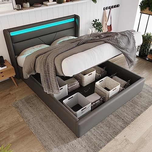 Aoskem Bett 140x200 Doppelbett Polsterbett, Bett mit Stauraum Underbett, LED-Kopfteil, Stauraumbett Bettgestell mit Lattenrost, Rückenlehne Flachbett Jugendbett Funktionsbett, Ohne Matratze, PU Grau