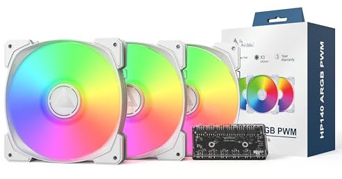 MONTECH HP140mm PWM ARGB Ventilador - Alto flujo de aire, rodamiento de rifle silencioso, 1600 RPM, 4 pines, paquete 3 en 1 con hub de ventilador de 6 x 6 - Blanco