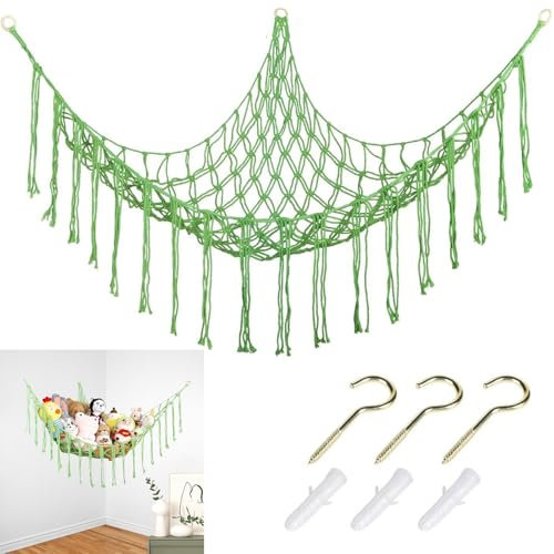 Toy Storage Hammock Cuddly Toy Hammock Stuffed Teddy Bear Hammock with Tassel Large Corner Hanging Mesh with 3 Hooks Stuffed Animals Soft Net Mesh Holder for Bedroom Nursery Decor (Green)