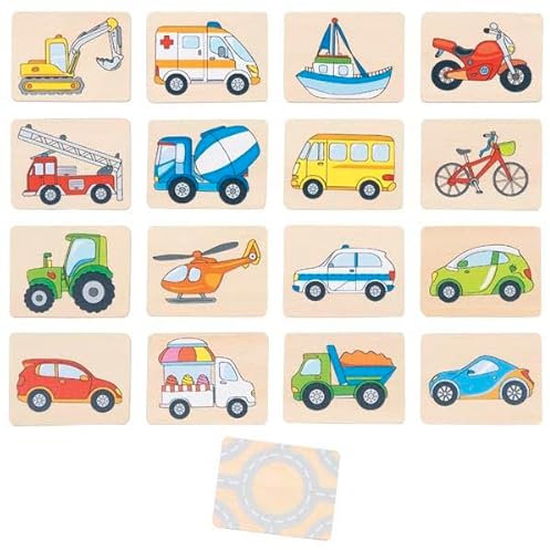goki 56301 – Memo Fahrzeuge – 32-teiliges Lernspiel aus Holz mit Fahrzeugmotiven