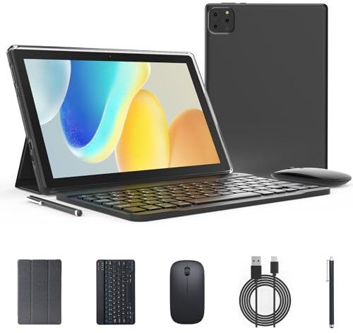 Andoird 14 tablettes 10 pouces 2 en 1 avec étui pour clavier Stylus Mouse, 10 Go RAM, 64 Go ROM 1 To Expand, Octa-Core 2.0 GHz, 5G WiFi, BT5.0, 6000 mAh, appareil photo 8 MP, écran HD 1280 x
