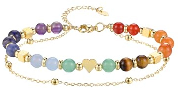Jovivi Bracciale Chakra pietra naturale con cuore accessori a doppia fila bracciale oro portafortuna, per donna e ragazza portafortuna, Taglia unica, Cristallo, rame
