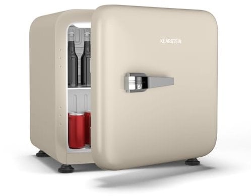 Klarstein Audrey Evo 43L Mininevera Retro - Silenciosa 40 dB, Termostato Ajustable, Puerta Reversible, Nevera Pequeña para Habitaciones, Oficinas, Diseño Vintage, Crema