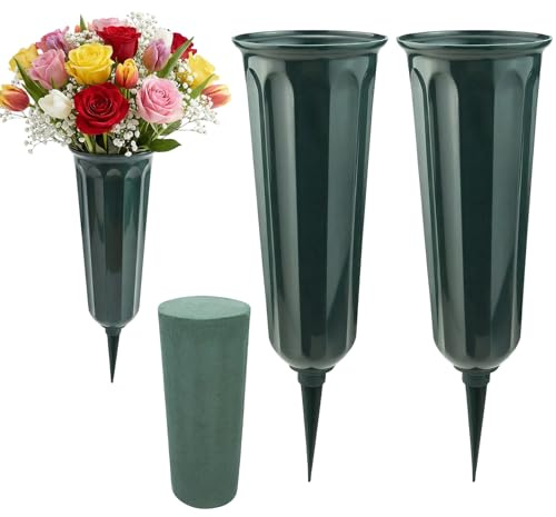 2 jarrones para tumba con pinchos, macetas conmemorativas para tumbas con espuma floral verde, soportes de plástico fuerte para flores de cementerio, adornos de cementerio, flores frescas o