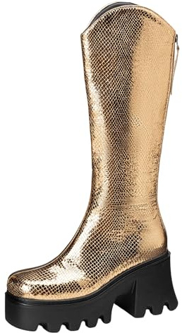 Lizoleor Back con Cerniera Tacco a Blocco Brillantini Donna Stivali Alti Punta Rotonda Plateau Moda Long Stivali da Sera Oro Numero 41 EU/43Cn
