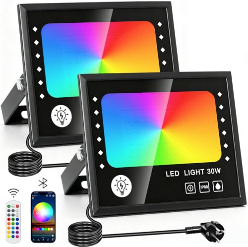 CREATESTAR 30W RGB LED Strahler Außen 2 Stück, 16 Million Farben RGB Fluter mit 2.4G Fernbedienung und APP Steuerung,IP66 Wasserdicht,Timing,Musiksynchronisation Strahler für Bühne Landschaft Party
