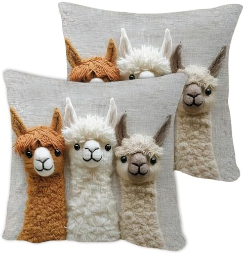 Eniyou 2 Pcs Wohnzimmer Kissen Deko Kissen Wohnzimmerdeko Entzückendes Weiches Alpaka-Tiermotiv Aufgestickter Tierdruck Beige Weich Im Griff Geeignet Für Hause Büro Freien 45 X 45 cm