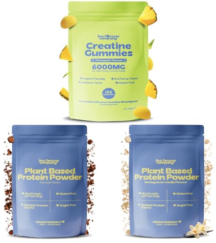 Plant-Based Protein & Creatine Performance Bundle – Vegan Protein Powder + Creatine Monohydrate Gummies + Premium Fitness Supplement Pack for Strength Growth Recovery