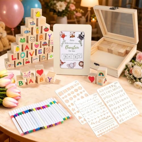 56 Stück Babyparty Spiele Set, Bauklötze bemalen für Gäste, Babyparty deko | mit Holzwürfeln, Stiften, Schablonen, Holzbox, Holzrahmen, Baby Shower, Gender Reveal