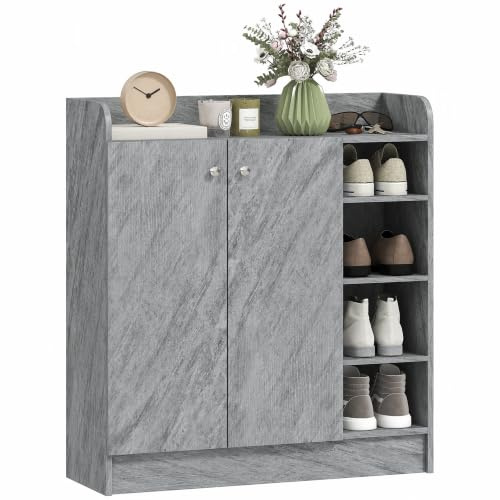 HOMCOM Schuhschrank Schmale Schuhkommode mit 2 Türen 83 x 30 x 90 cm Grau | 4 Offene Fächer, für 12 Paar, Schuhregal, Verstellbare Ablagen, für Eingang, Flur