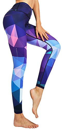 COOLOMG Damen Tights Yoga Hosen Kompression Leggings Sport Trainingshose Lang Diamond Forest L