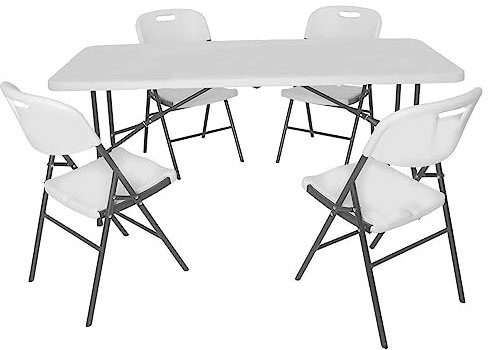 XONE Set in Resina Composto da Un Tavolo con Gambe richiudibili (183x76x74cm) e 4 sedie Pieghevoli (85x45x50cm), Colore Bianco. Set per Interni, Campeggio, terrazze, Giardino