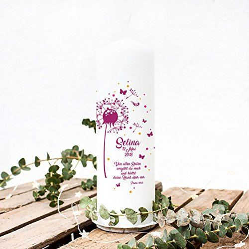 Taufkerze Kerze zur Taufe oder Geburt Kommunionkerze Pusteblume beere mit Spruch Wunschname & Datum wk44 ilka parey wandtattoo-welt®