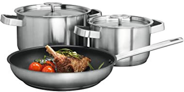 AEG A3SS Set menaje 2 ollas (16cm y 20cm) y 1 sartén (24cm), Acero Inoxidable