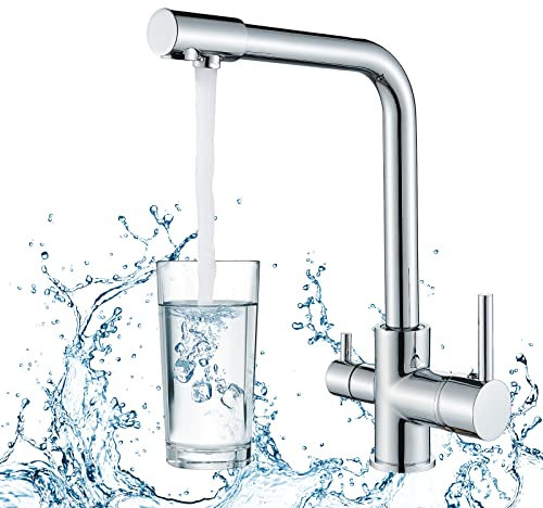 Rozin Kitchen Tap 3 Way with Filter Water System Double Handles Drinking Water and Cold Hot Water 360° Swivel Chrome Tap