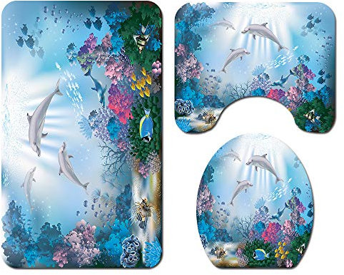 3-teiliges Badvorleger-Set Duschmatte + Konturmatte + WC-Deckelbezug, Morbuy Weihnachtsmann rutschfeste Badvorleger für Küche, Meerestier (Delfin)