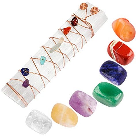 mookaitedecor Baguette Sélénite Naturelle & 7 Chakra Pierres Polie Roulée Lithotherapie,Cristaux Mineraux Collection Décoration