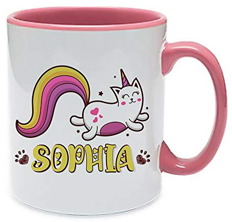 Personalised Caticorn Girl Baby Kid Any Name Beauty Cat Unicorn Birthday Back to School 11 Oz / 15 Oz Ceramic Coffee Mug. (Pink Inside and Handle)