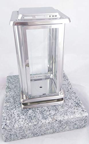 designgrab Grablampe Royal aus Edelstahl mit Granitsockel aus Granit Viscont White, mit Kreuz auf Lampentür, Gläser aus Klarglas