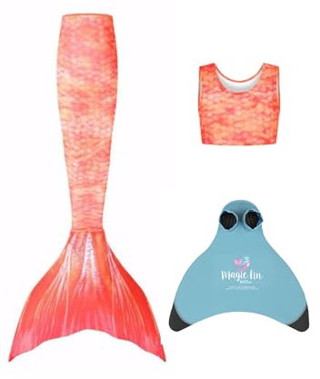 Planet Mermaid Mädchen Kinder 3 Stück Lebendige Farbe Schwimmen Meerjungfrau Schwanz Crop Top & Verschleißfest Blau Magic Fin Monoflosse Einschließlich Sunset Splash Alter 11-12 Jahre