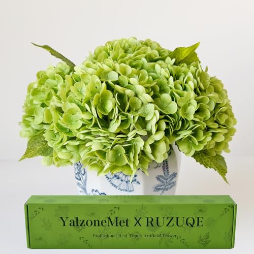 Yalzone Künstliche Hortensien, 53.3 cm, natürlich, lebensecht, echte Haptik, einzelner langer Stiel, königliche Hortensie für Zuhause, Party, Outdoor, Hochzeit, Brautstrauß (dunkelgrün), 3 Stück