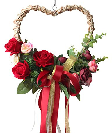 Plcnn 13in Heart-Shaped Valentine Day Wreath with Red Ribbons Rattan Artificial Rose Flower Wreath for Front Door Decor