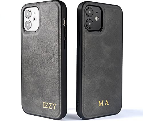 Quve - iPhone 12/12 Pro PU Leather Personalised Case, Grey, Shock-Absorbent