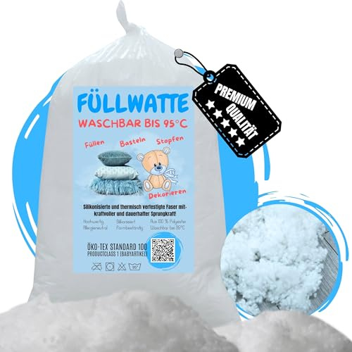 Füllwatte Waschbar 7,5kg Kissen Füllmaterial Bastelwatte 95°C | Faserbällchen Watte Füllung für Kopfkissen - Silikonisierte Bastelwatte bis 95°C Kochwäsche - Kuscheltiere Stopfwatte
