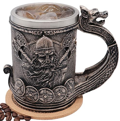 WOKHACH Tazza medievale vichinga, boccale da birra in acciaio inox, tazza da caffè, mitologia norrena, decorazione gotica poetica, decorazione per feste, idea regalo per uomini18OZ (Drakkar Warrior)